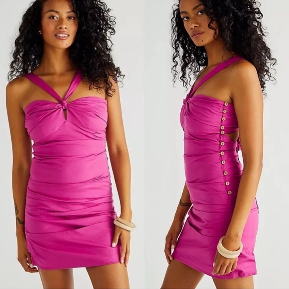 Free People Who Is She Mini Dress Endless Summer Button Halter Cutout Pink XS